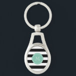 Llavero Patrón de rayas negras, monograma verde de menta<br><div class="desc">Un patrón de rayas precoz, audaces, negras y blancas con tu inicial en una fuente moderna, en una etiqueta de círculo verde menta, pancarta, marco con un borde de línea blanca punteado. GraphicsByMimi© Patrón de líneas moderno, de diseño que puede personalizar con su monograma para ella. Utilice el campo de...</div>