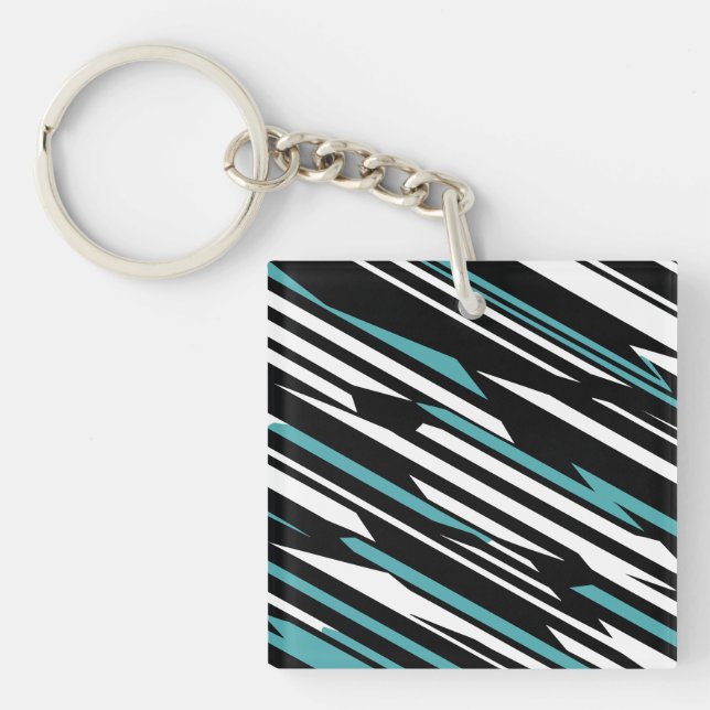 Llavero Patrón de resumen lineal negro, blanco y Verde azu (Frente)
