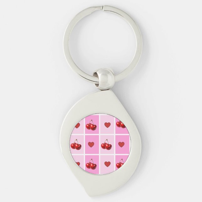 Llavero Patrón de tablero de ajedrez de corazón de cereza  (Anverso)