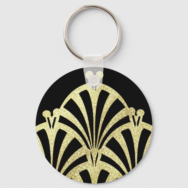 Llavero Patrón de ventilador Art Deco oro negro elegante v (Anverso)