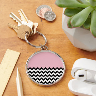 Llavero Patrón de zigzag negro y blanco, chevron, rosa