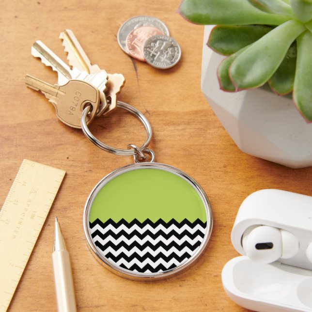 Llavero Patrón de zigzag negro y blanco, chevron, verde (Escritorio )