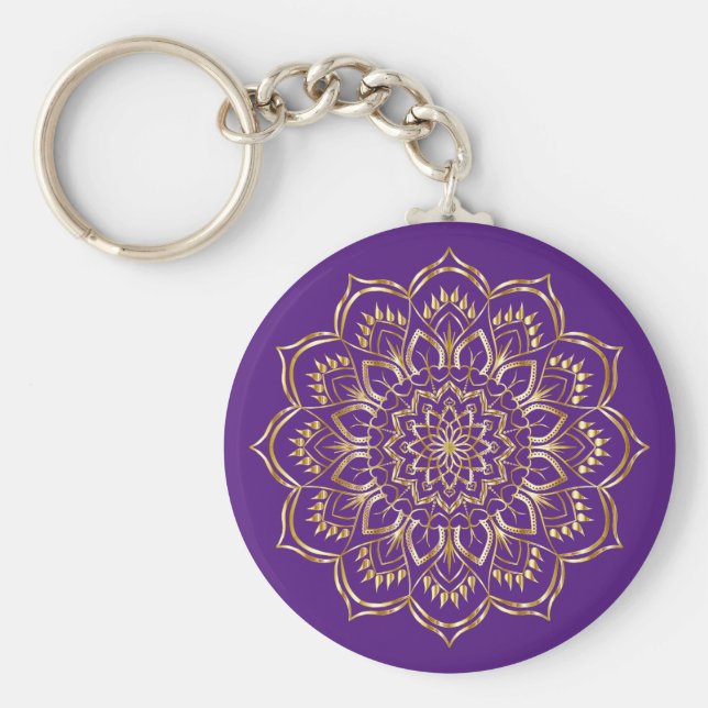 Llavero Patrón elegante de Mandala con flores moradas y do (Frente)
