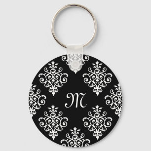 Llavero Patrón elegante monogramado de Damasco blanco y ne