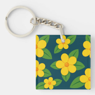 Llavero Patrón floral amarillo brillante con hojas verdes