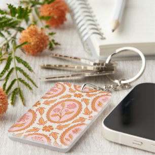 Llavero Patrón Floral Antiguo de Camafeo en Rosa y Naranja