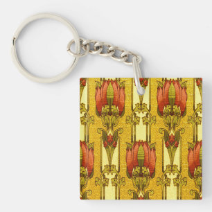 Llavero Patrón floral Art Nouveau vintage de tulipanes roj