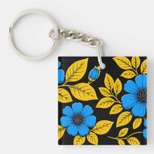 Llavero Patrón floral azul con hojas doradas