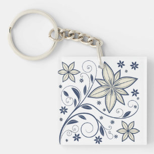 Llavero Patrón floral azul de la Marina Elegante