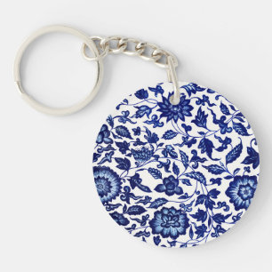 Llavero Patrón floral azul marino oscuro chino sobre blanc