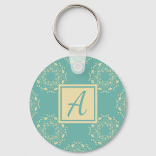 Llavero Patrón floral azul monograma personalizado