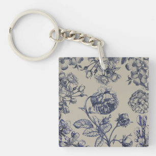 Llavero Patrón Floral Botánico Toile Azul Vintage