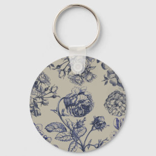 Llavero Patrón Floral Botánico Toile Azul Vintage