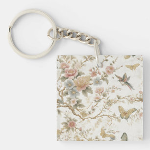 Llavero Patrón floral chino vintage con colibrí