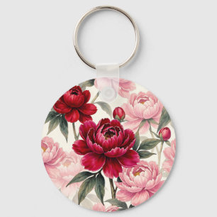 Llavero Patrón Floral de Acuarela de Peonía Rosa y Rojo In
