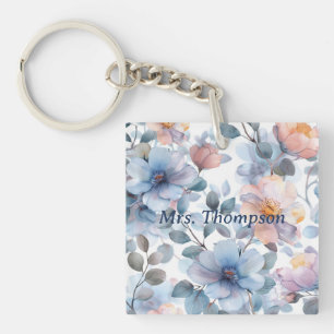 Llavero Patrón floral de acuarela delgada en color pastel