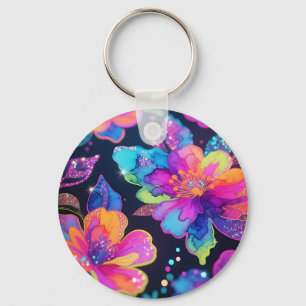 Llavero Patrón floral de brillo neón