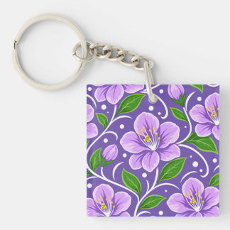 Llavero Patrón floral de color púrpura claro con hojas ver