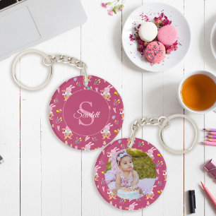 Llavero Patrón floral de conejo lindo monograma foto magen
