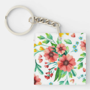Llavero Patrón floral de flores rosadas pintadas a mano-23