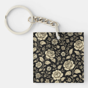 Llavero Patrón floral de rosa dorada vintage sobre negro