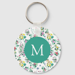 Llavero Patrón Floral Ligero Monograma Verde Teal