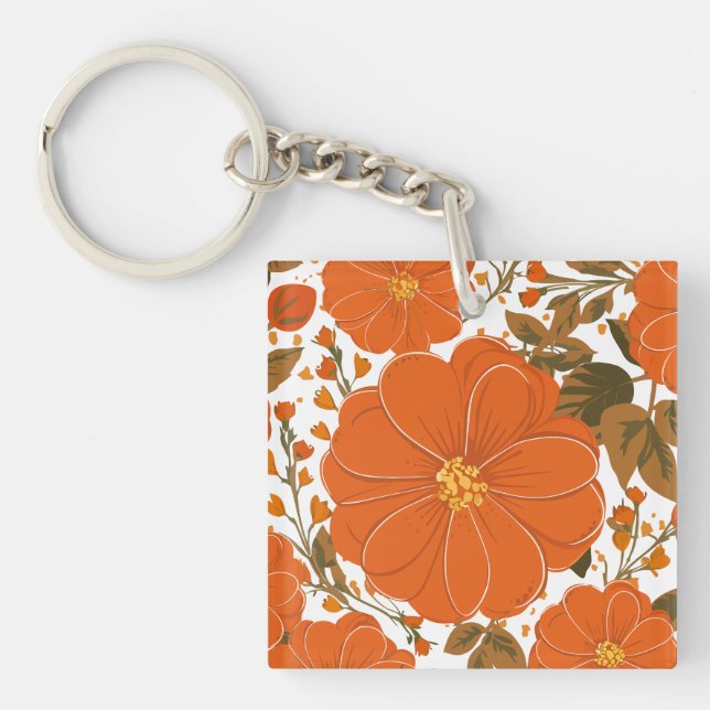 Llavero Patrón floral Naranja vibrante con hojas (Frente)