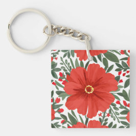 Llavero Patrón floral rojo audaz con hojas verdes frondosa