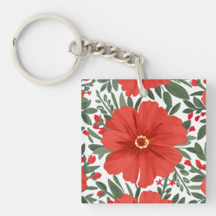 Llavero Patrón floral rojo audaz con hojas verdes frondosa