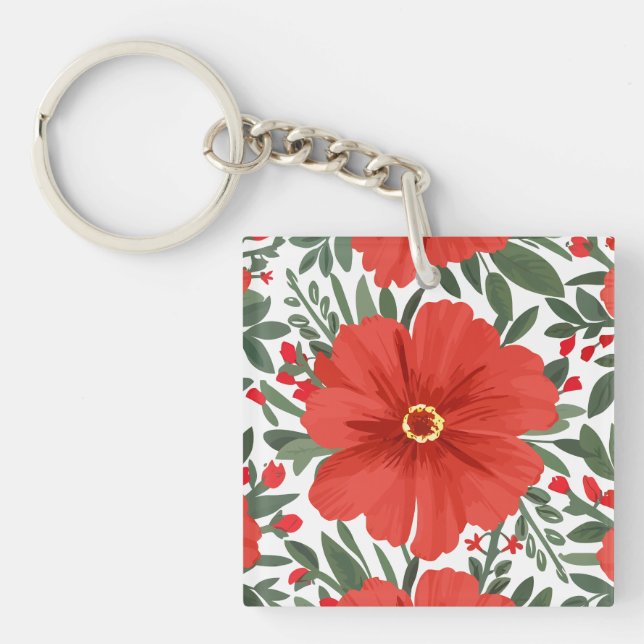 Llavero Patrón floral rojo audaz con hojas verdes frondosa (Frente)