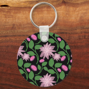 Llavero Patrón floral rosa con hojas verdes