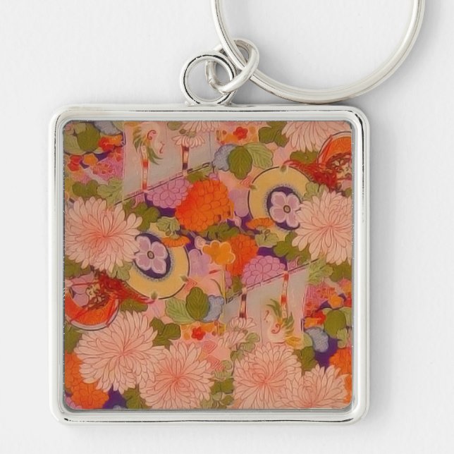 Llavero Patrón floral rosa de la flor de Kimono (Frente)