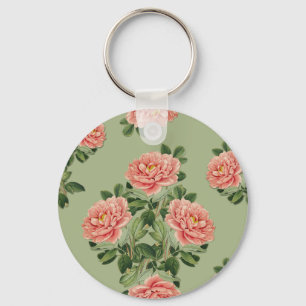 Llavero Patrón floral rosa sobre fondo verde   Sin costura