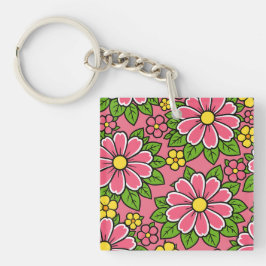 Llavero Patrón floral rosa y amarillo con hojas verdes