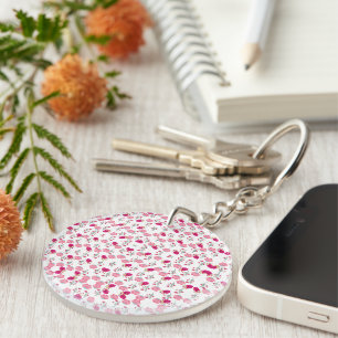 Llavero Patrón floral simétrico de jardín en rosa rojo y r