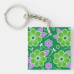 Llavero Patrón floral verde y púrpura decorativo