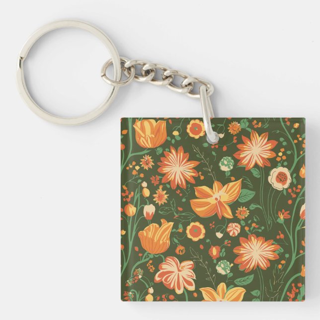 Llavero Patrón floral vibrante con flores Naranja y amaril (Frente)