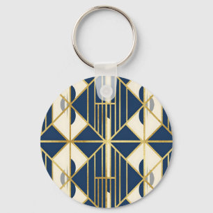 Llavero Patrón geométrico Art Déco en azul marino y dorado