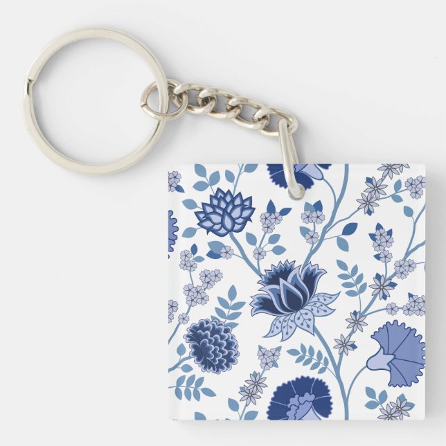 Llavero Patrón jacobino floral Lg azul en blanco (Frente)