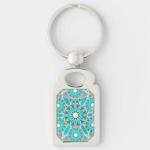 Llavero Patrón Mandala, turquesa, gris plateado y blanco