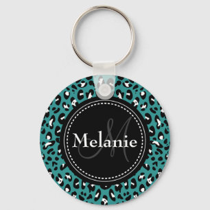 Llavero Patrón Monogramado de Leopardo Blanco Negro Verde 