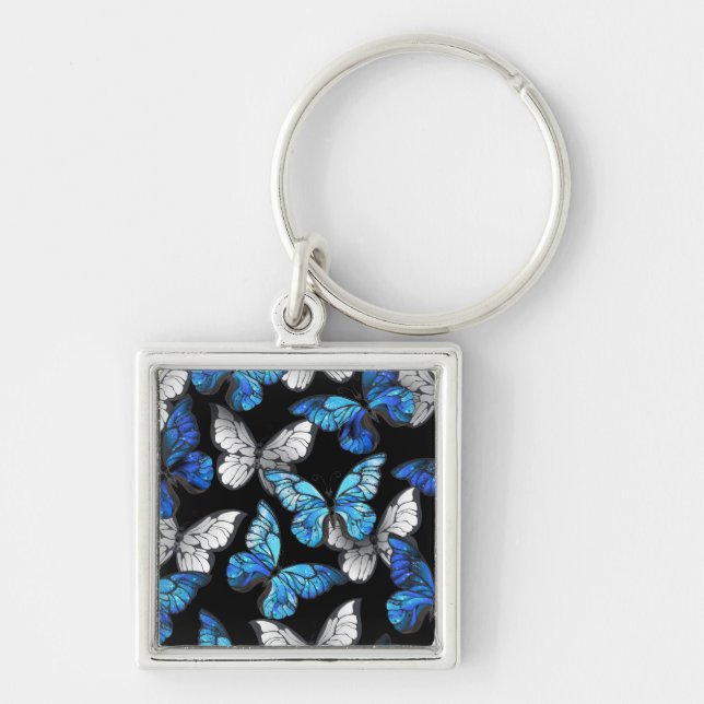 Llavero Patrón oscuro sin foco con mariposas azules morfo (Frente)