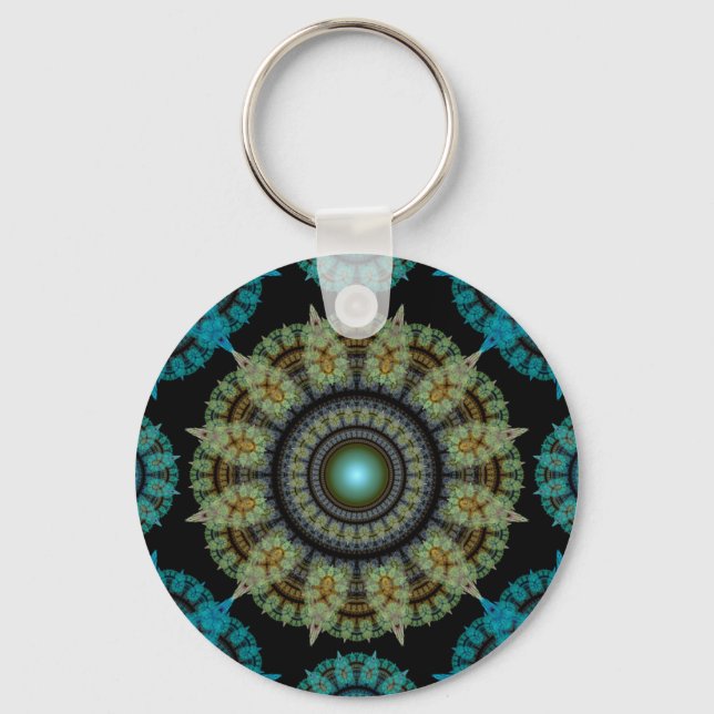 Llavero Patrón sagrado fractal azul verde (Anverso)