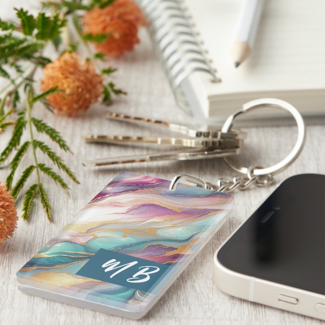 Llavero Patrón verde azulado de arte de mármol rosa morado (Frente Derecha)