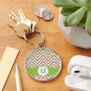 Llavero Patrón Zigzag, Chevron, Rosa, Verde, Monograma