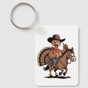 Llavero Pavo montando un caballo vaquero Pavo día de acció