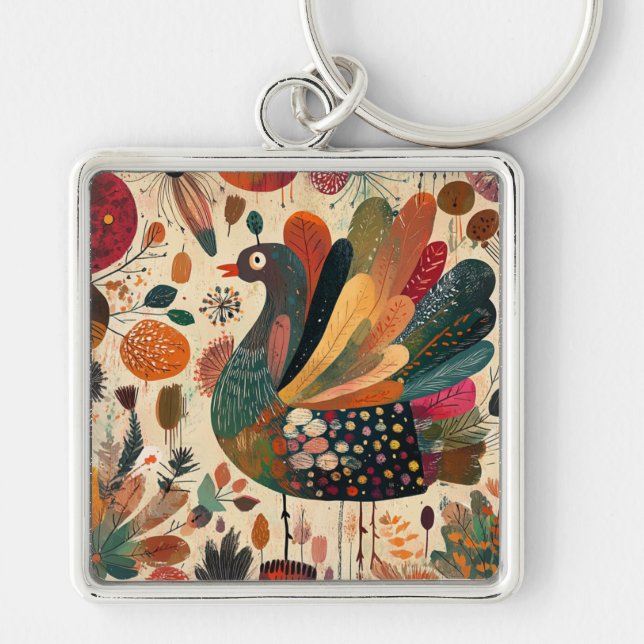 Llavero Pavo Retro Boho Patchwork Otoño (Frente)