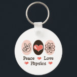 Llavero Peace Love Physics Key Chain<br><div class="desc">Peace symbol,  heart and an atom with a nucleus and four orbiting electrons in pink and brown on cute physics t shirts,  geek apparel,  clothing,  stationery and nerd gear make cute gifts for a physics teacher,  student,  teaching assistant or professor of science.</div>