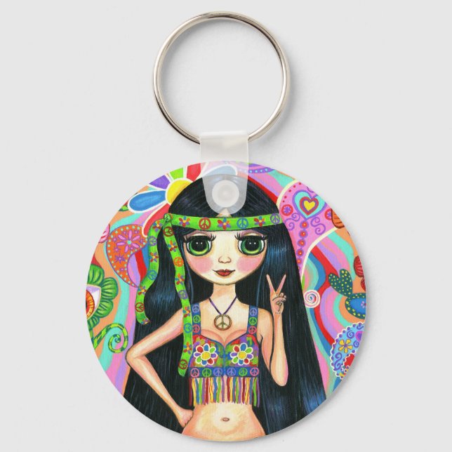 Llavero Peace Sign Hippie Girl Keychain (Anverso)