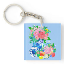 Peacock Chinoiserie Flower Vase Acrílico Keychain